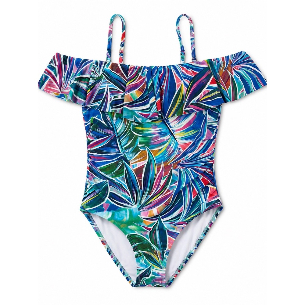 La Blanca NWT Tropical Leaf Ruffle Off‎ The Shoulder One Piece Swimsuit 14